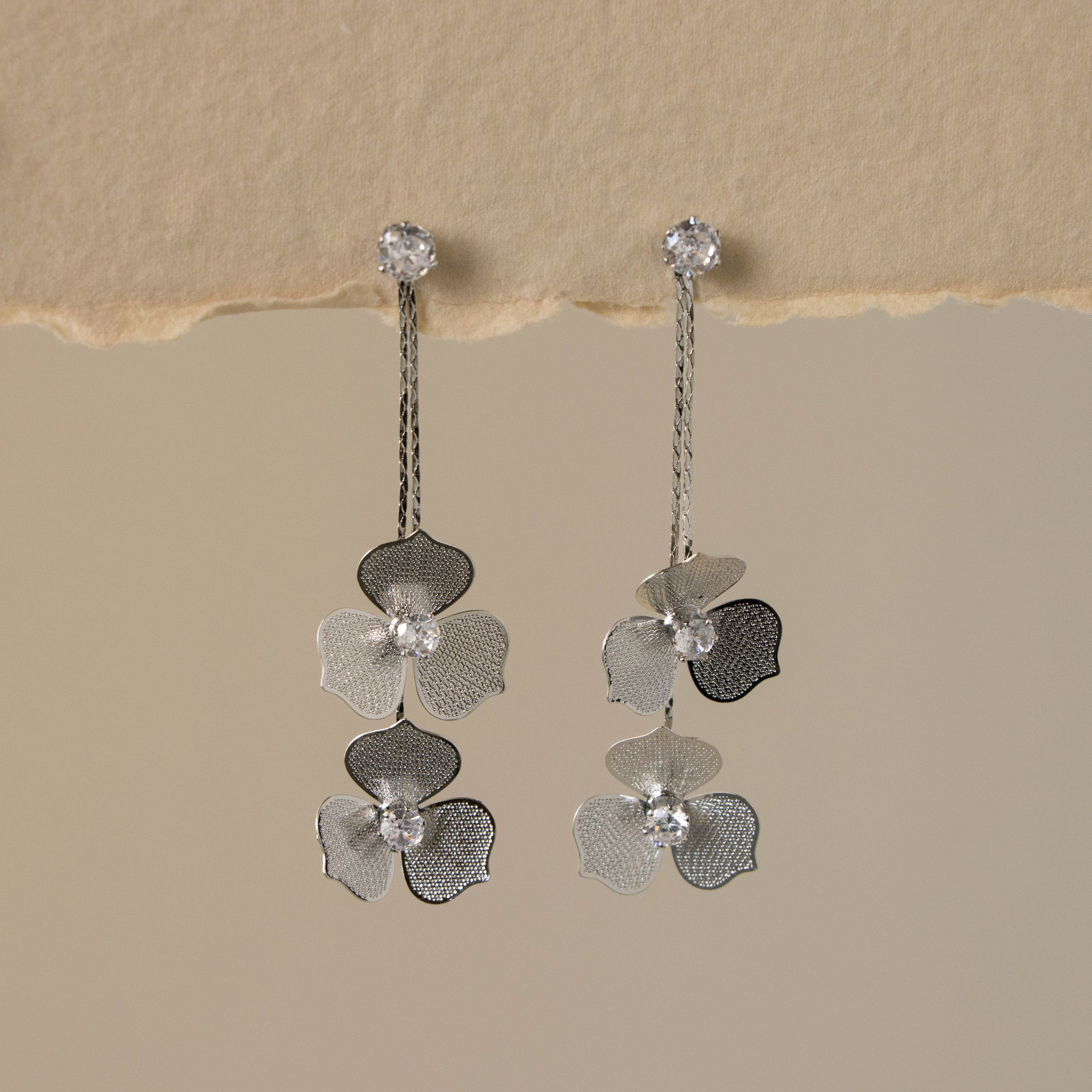 Diamond Twin Petal Drop Studs in Silver
