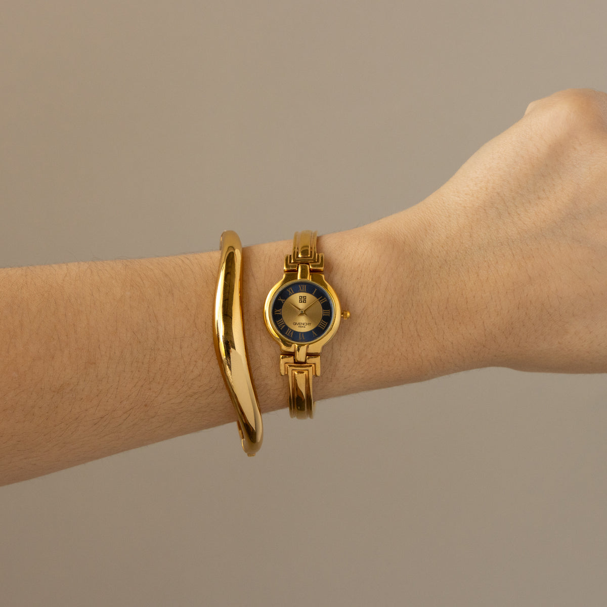 Vintage Givenchy Swiss Navy Dial Cuff Gold Watch
