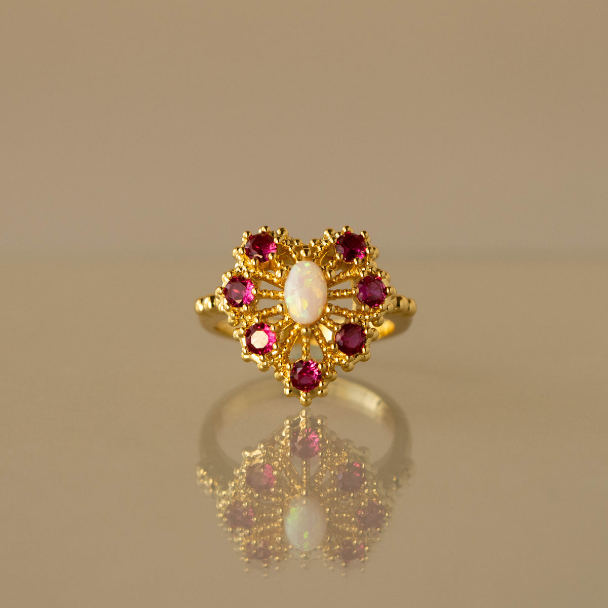 Ruby & Opal Heart Brooch Ring