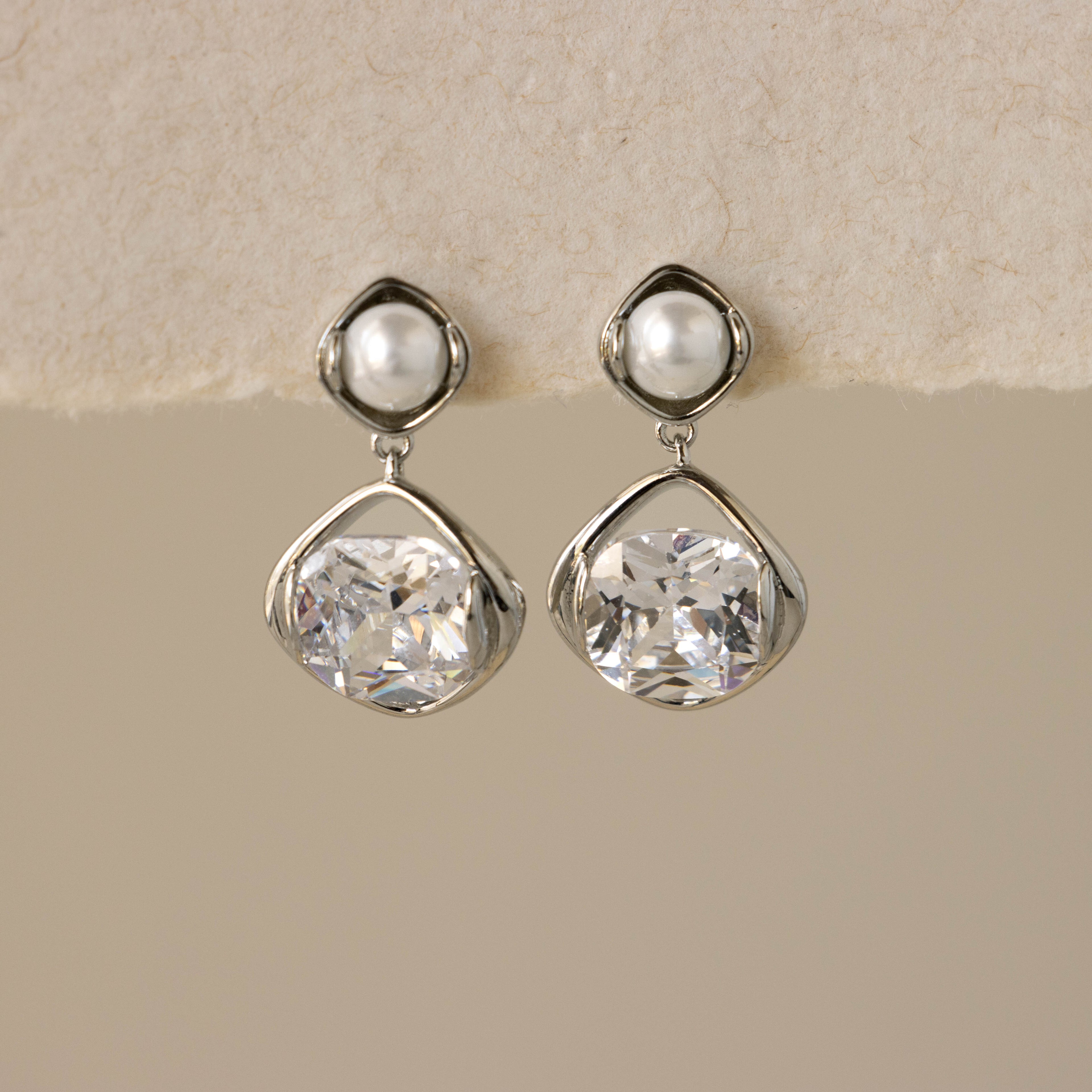 Cushion Diamond Pearl Drop Studs in Silver