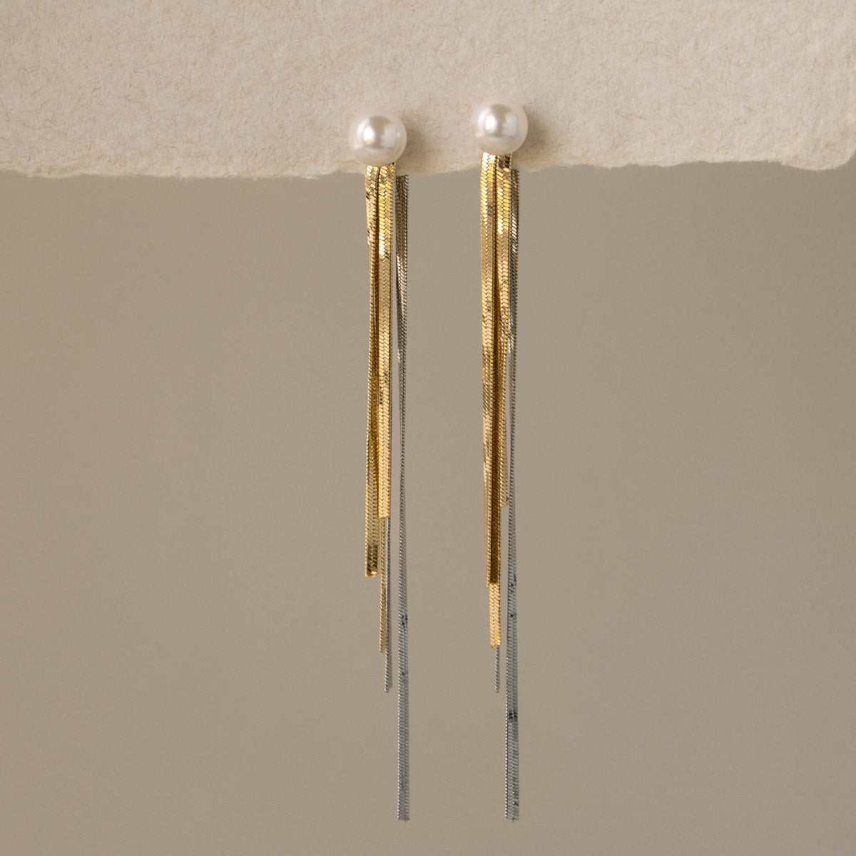 Mixed Metal Tassel Pearl Studs
