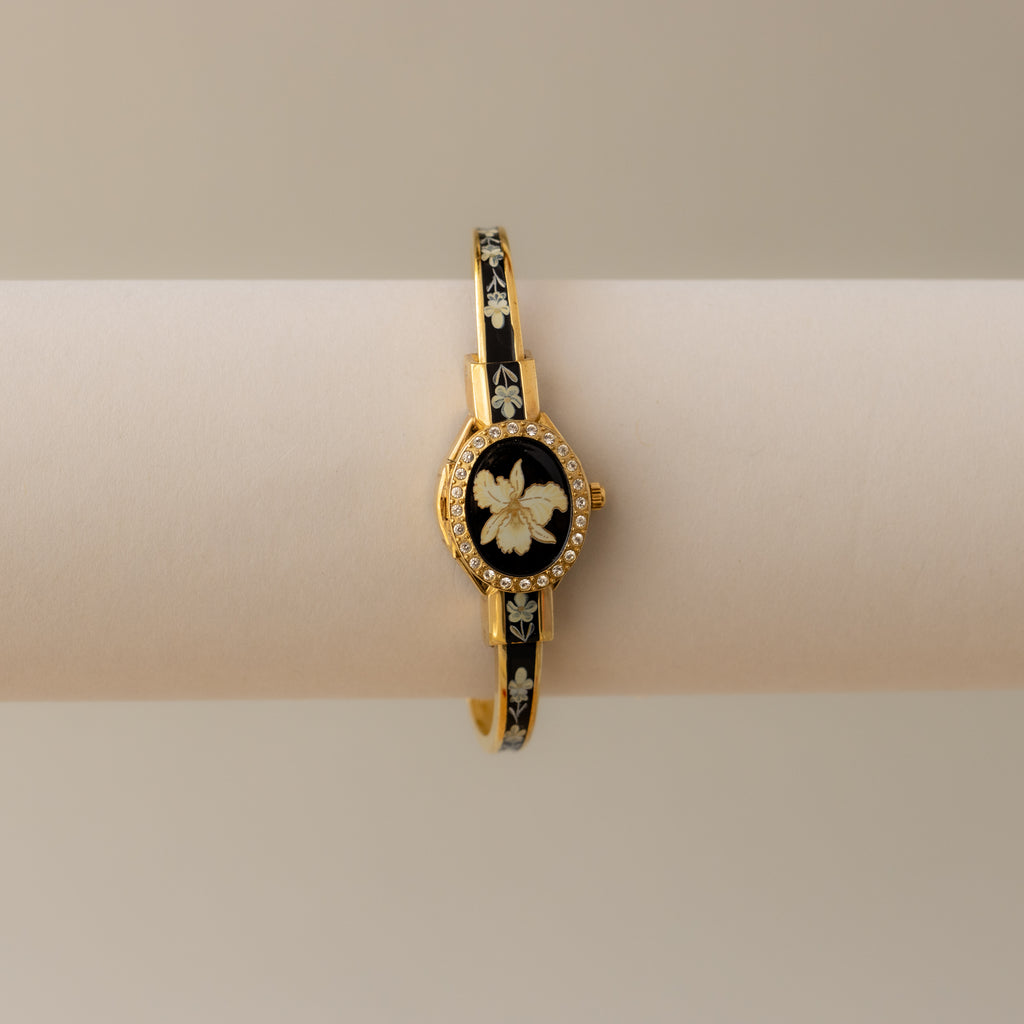 Vintage Andre Mouche Swiss Pave Locket Cuff Gold Watch