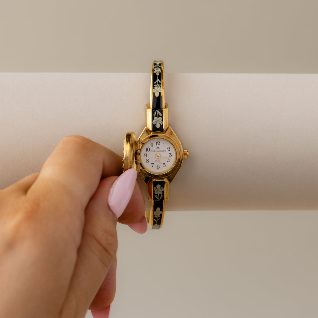 Vintage Andre Mouche Swiss Pave Locket Cuff Gold Watch