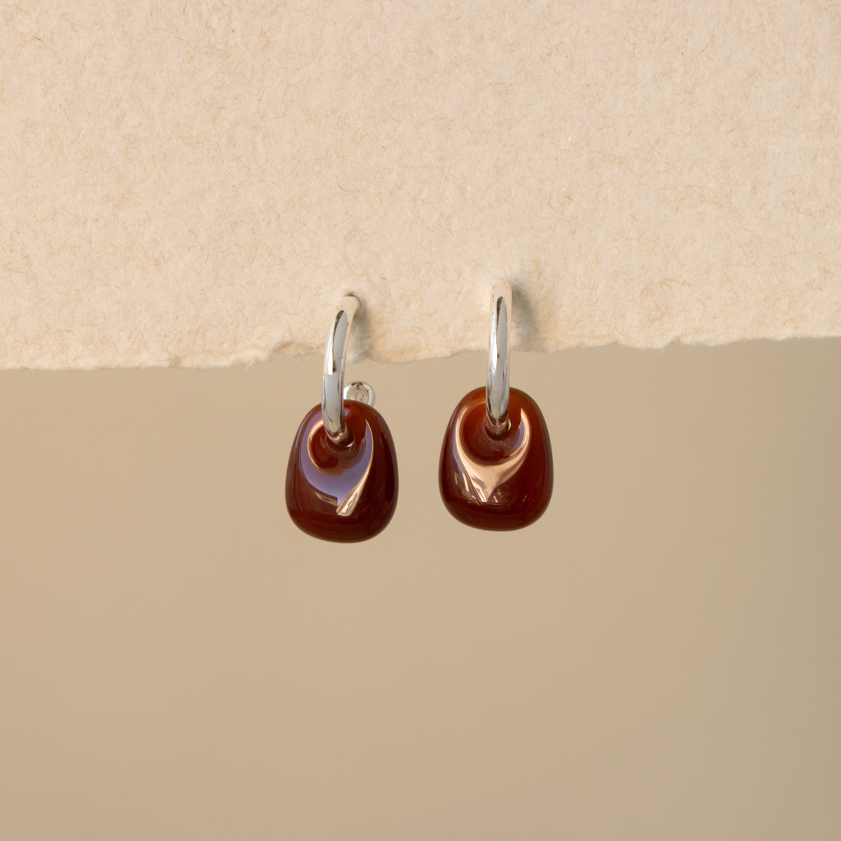Dangling Red Agate Hoop Studs in Silver