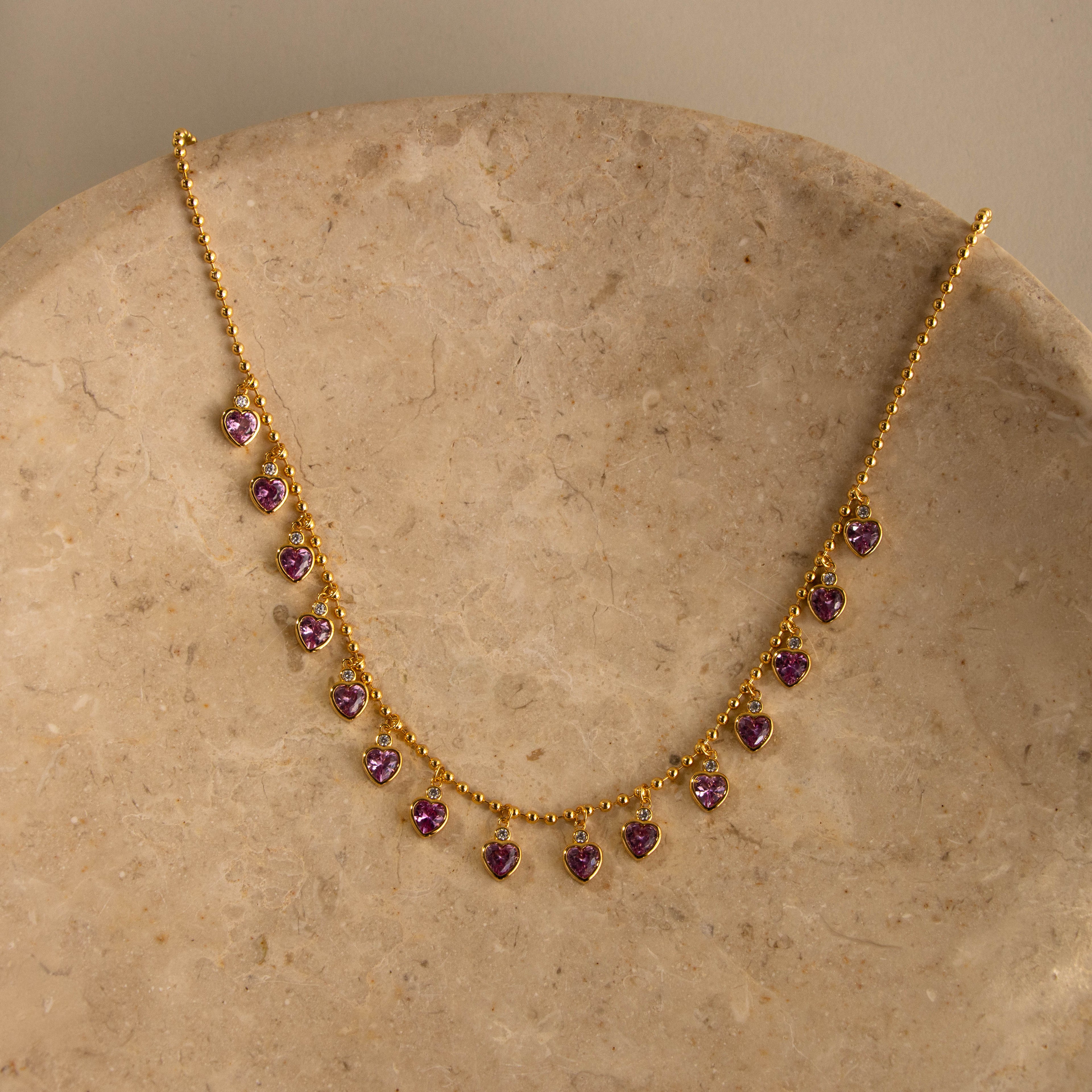 Pink Tourmaline Heart Station Necklace
