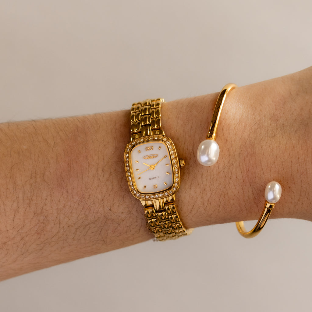 Vintage Aureole Pave Pearl Rectangular Gold Watch
