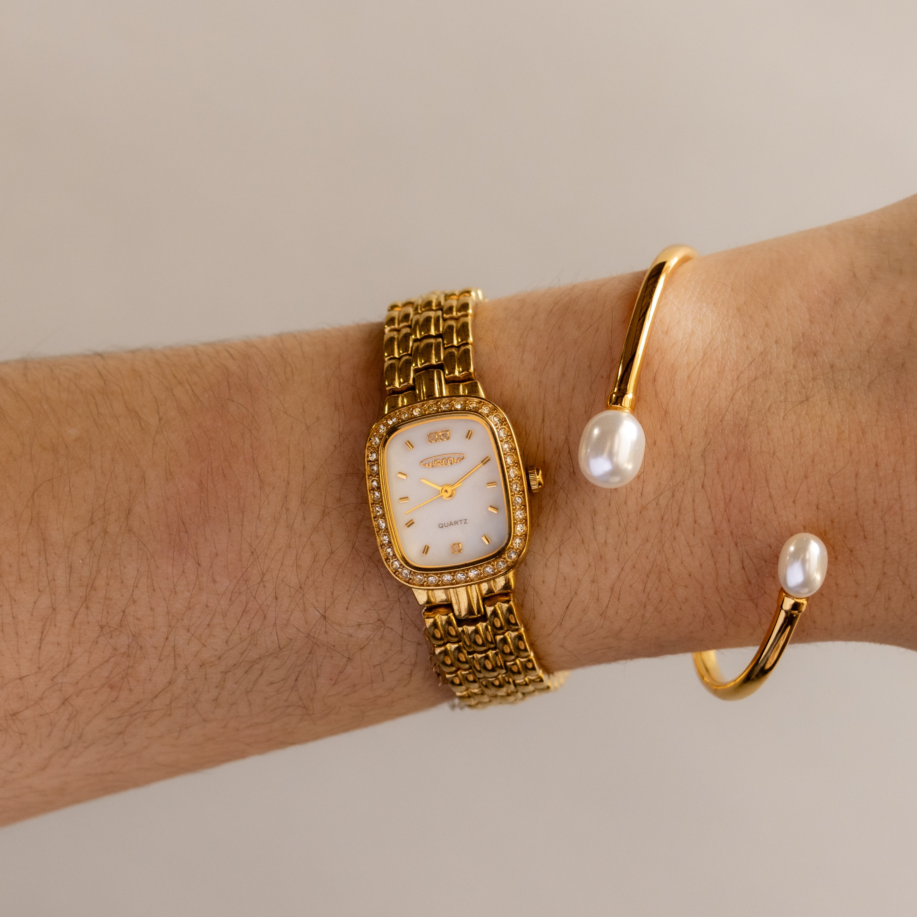Vintage Aureole Pave Pearl Rectangular Gold Watch