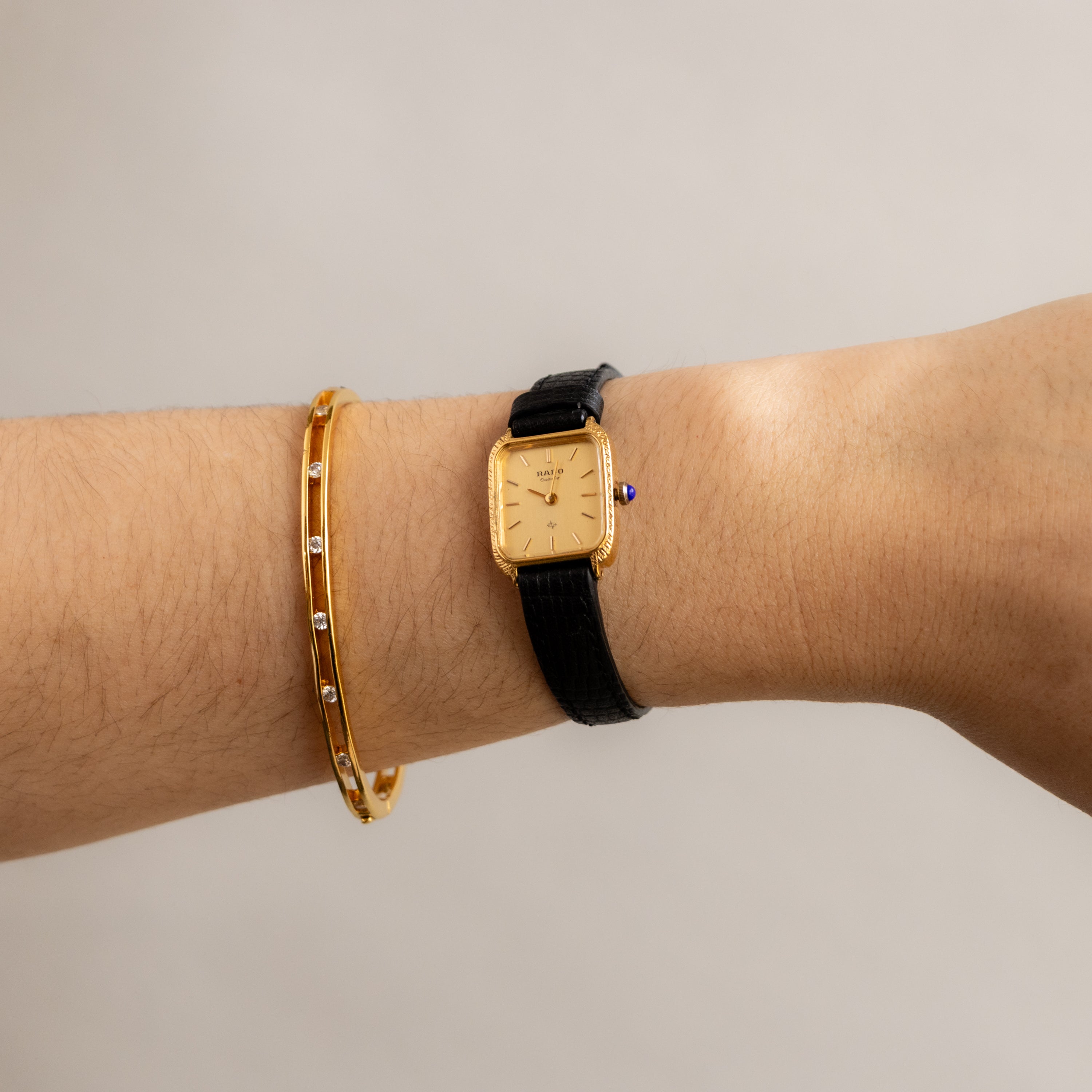 Vintage Rado Swiss Square Black Strap Gold Watch