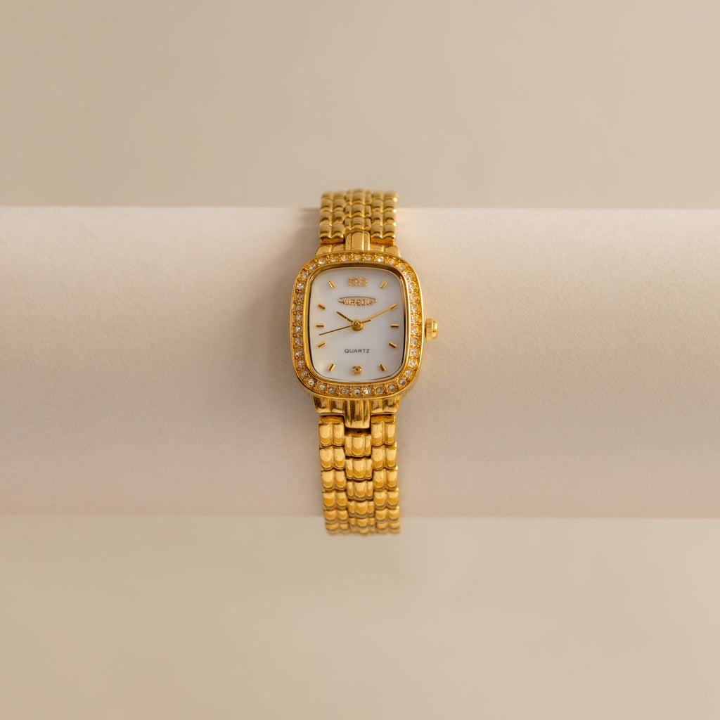 Vintage Aureole Pave Pearl Rectangular Gold Watch