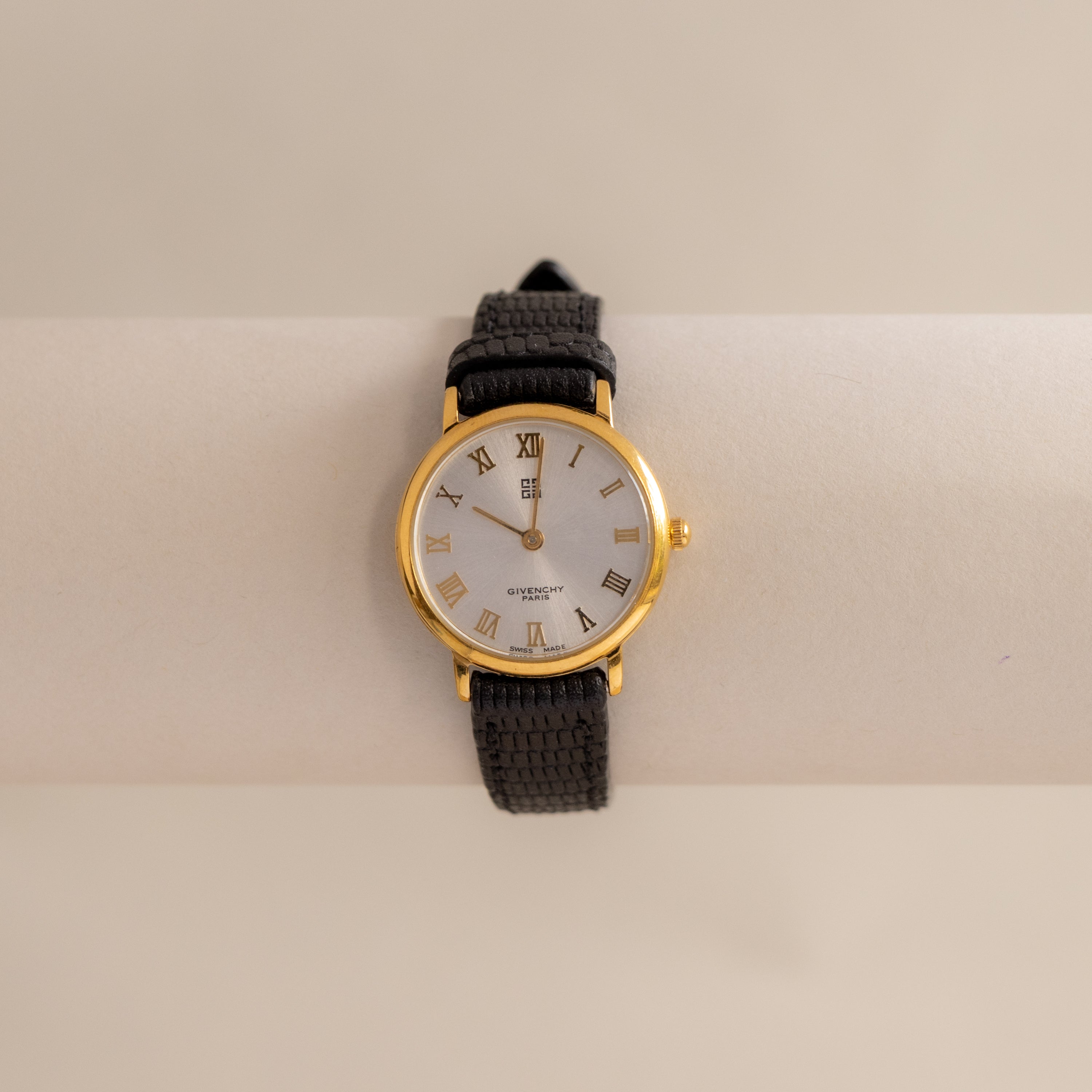 Vintage Givenchy Swiss Roman Black Strap Gold Watch