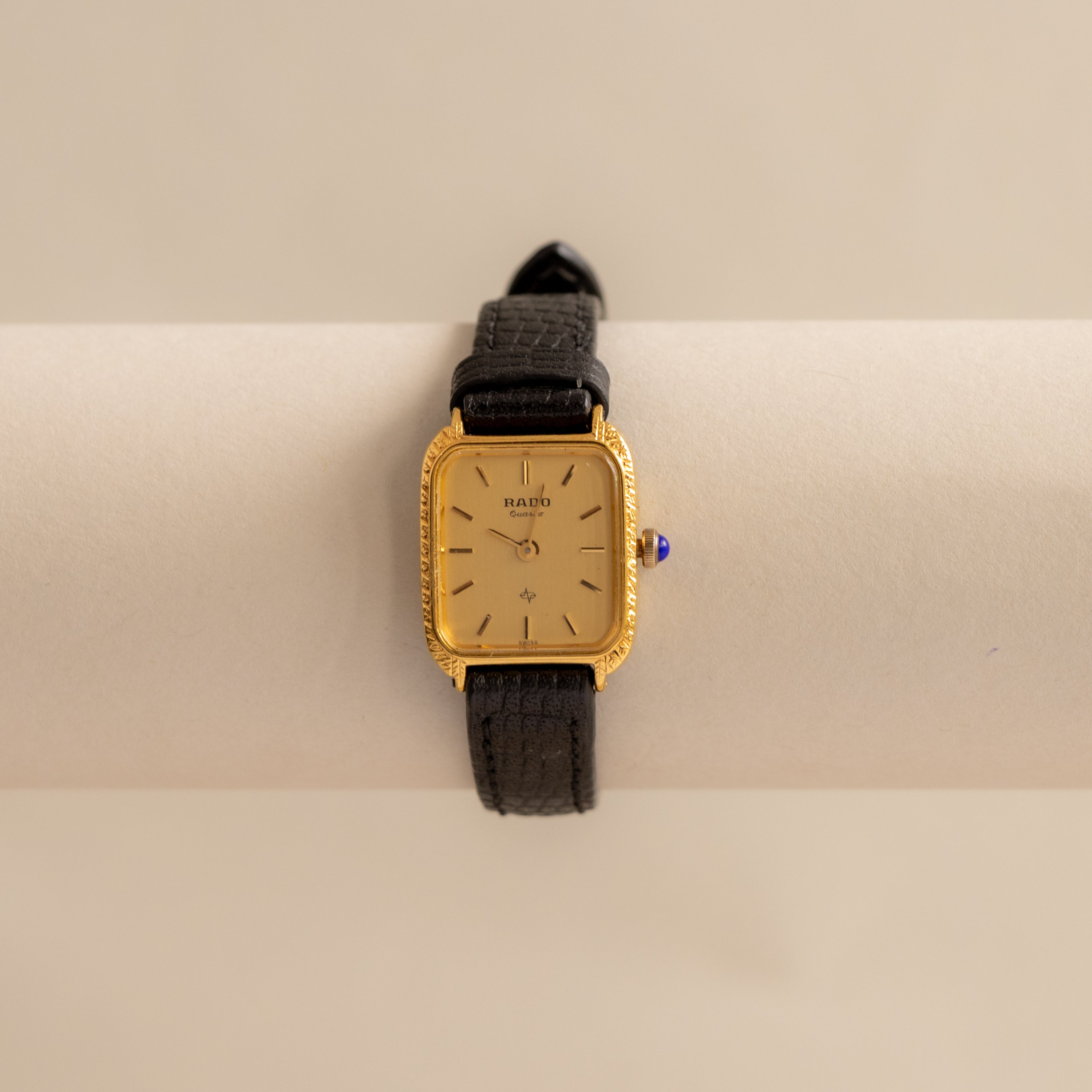 Vintage Rado Swiss Square Black Strap Gold Watch
