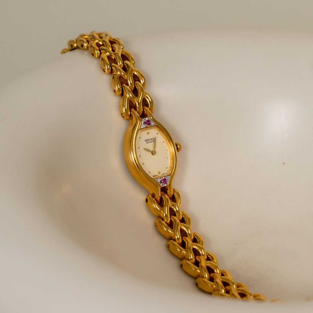 Vintage Seiko Oval Ruby Chainlink Gold Watch