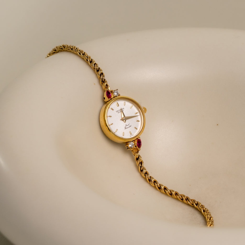 Vintage Technos Swiss Ruby Gold Watch