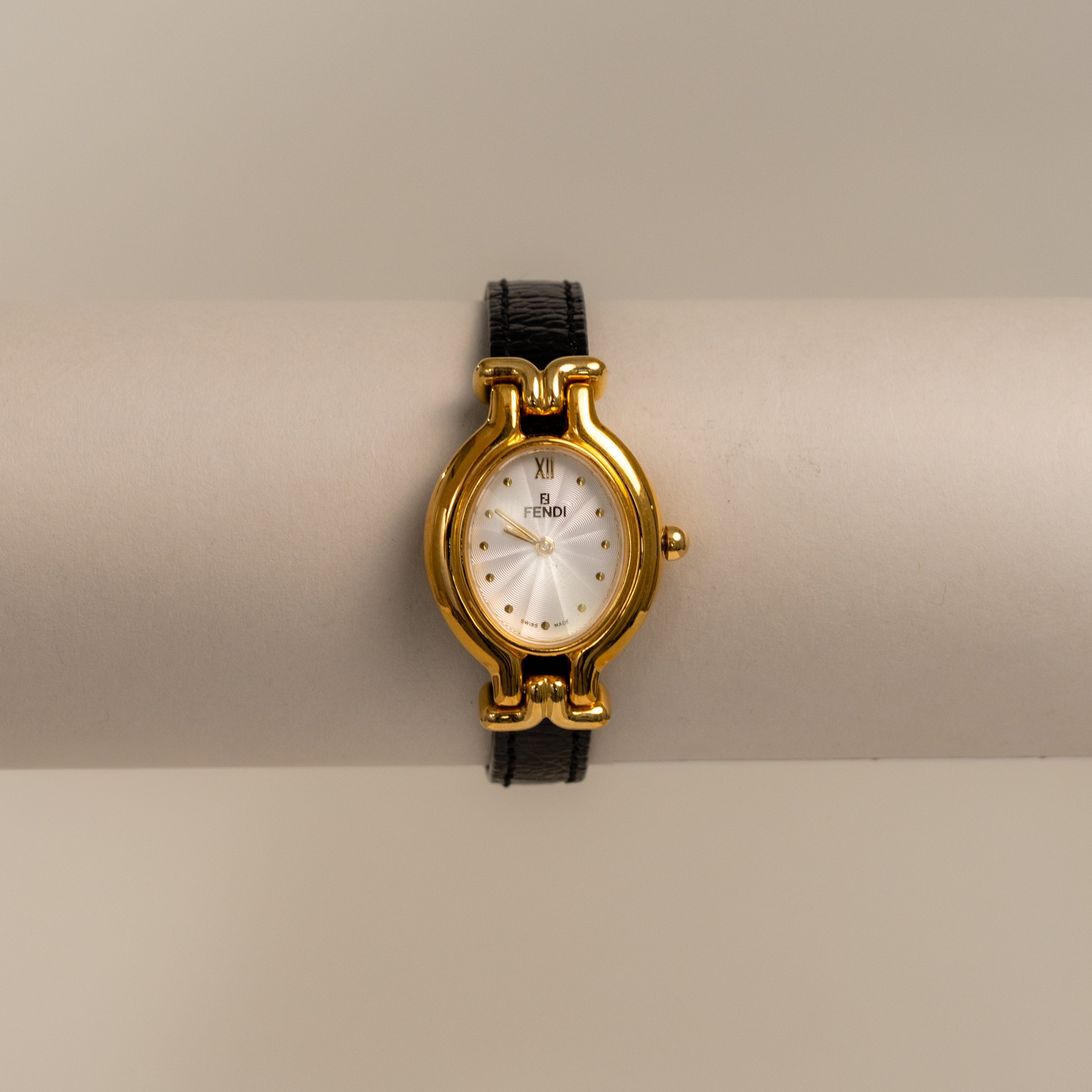 Vintage Fendi Swiss Oval Black Leather Gold Watch