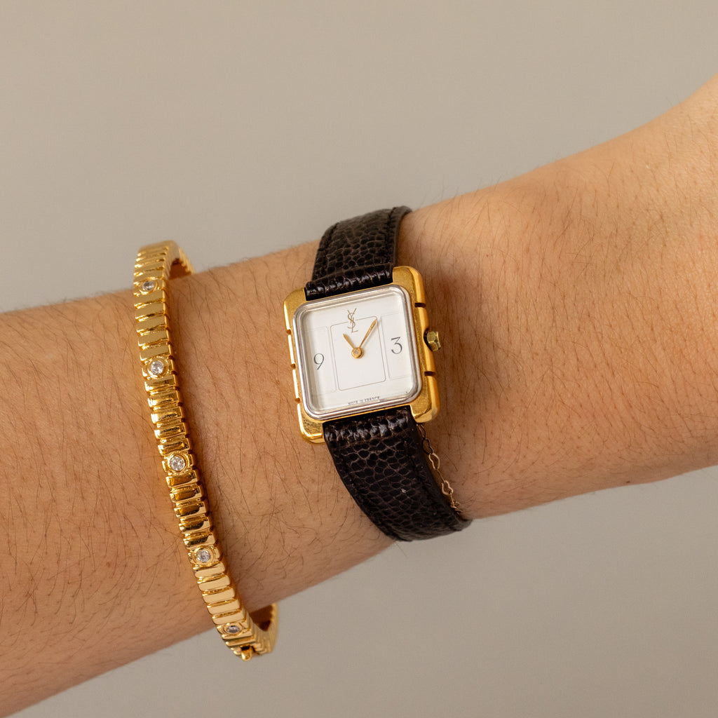 Vintage YSL Square Brown Strap Gold Watch