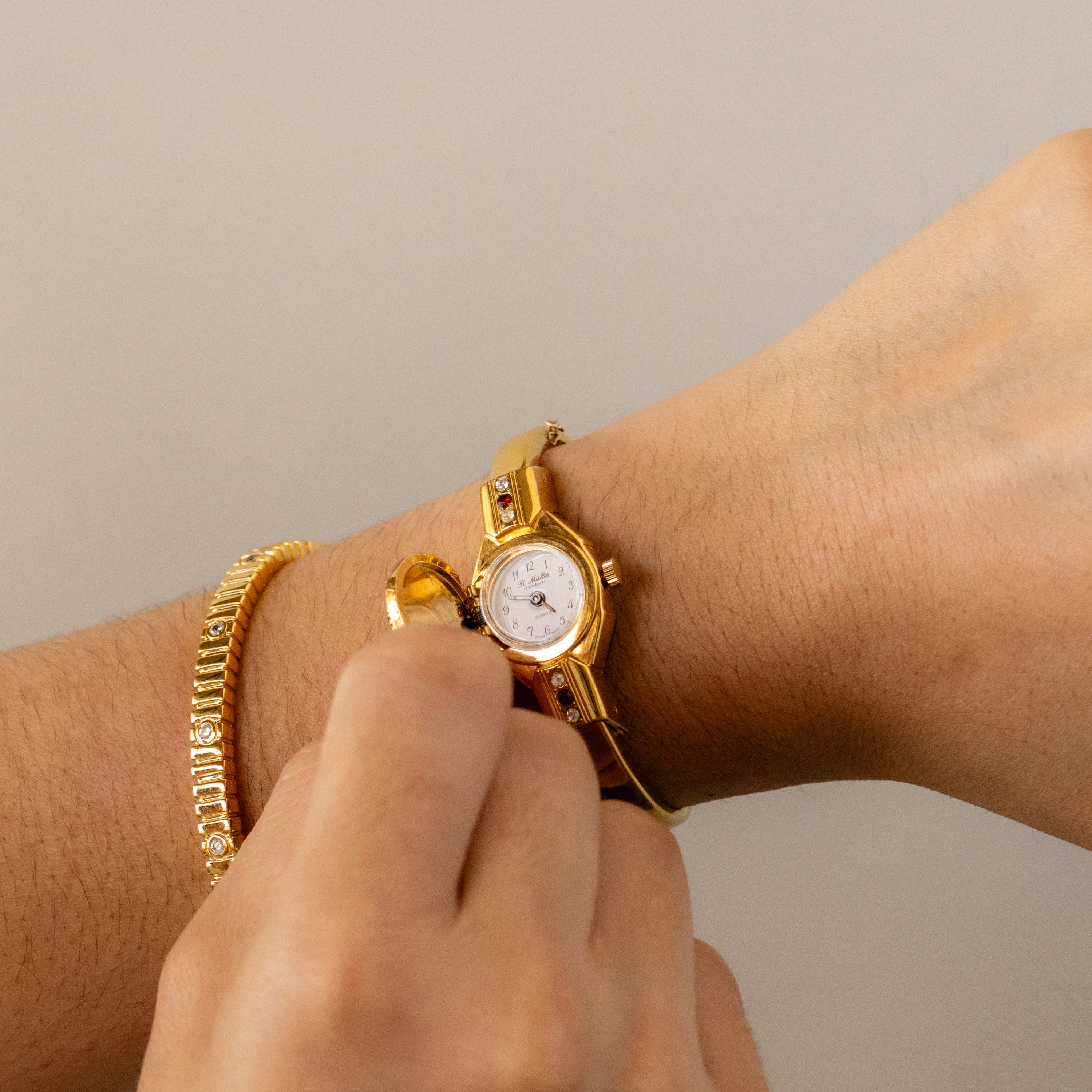 Vintage Geveve Swiss Garnet Locket Cuff Gold Watch