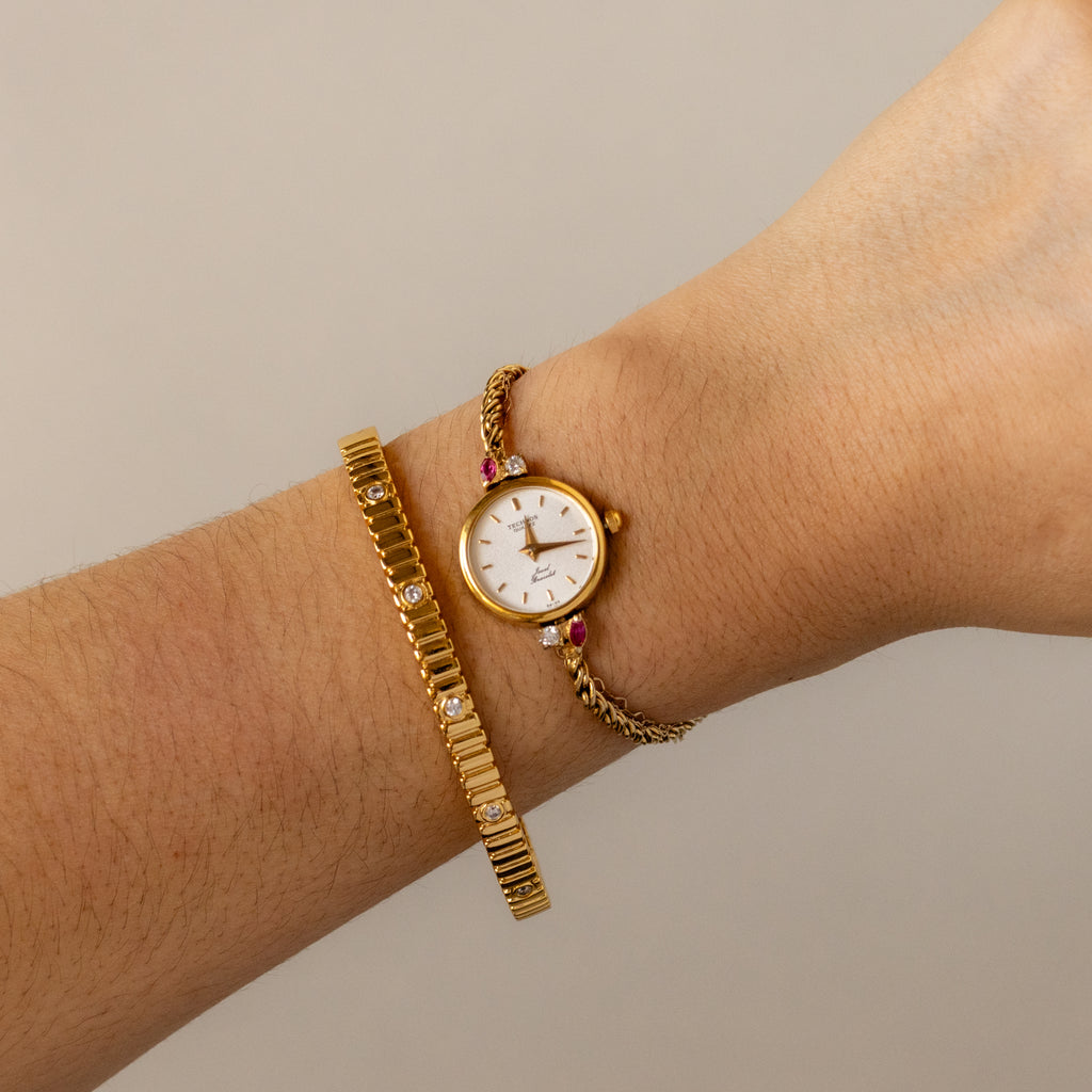 Vintage Technos Swiss Ruby Gold Watch