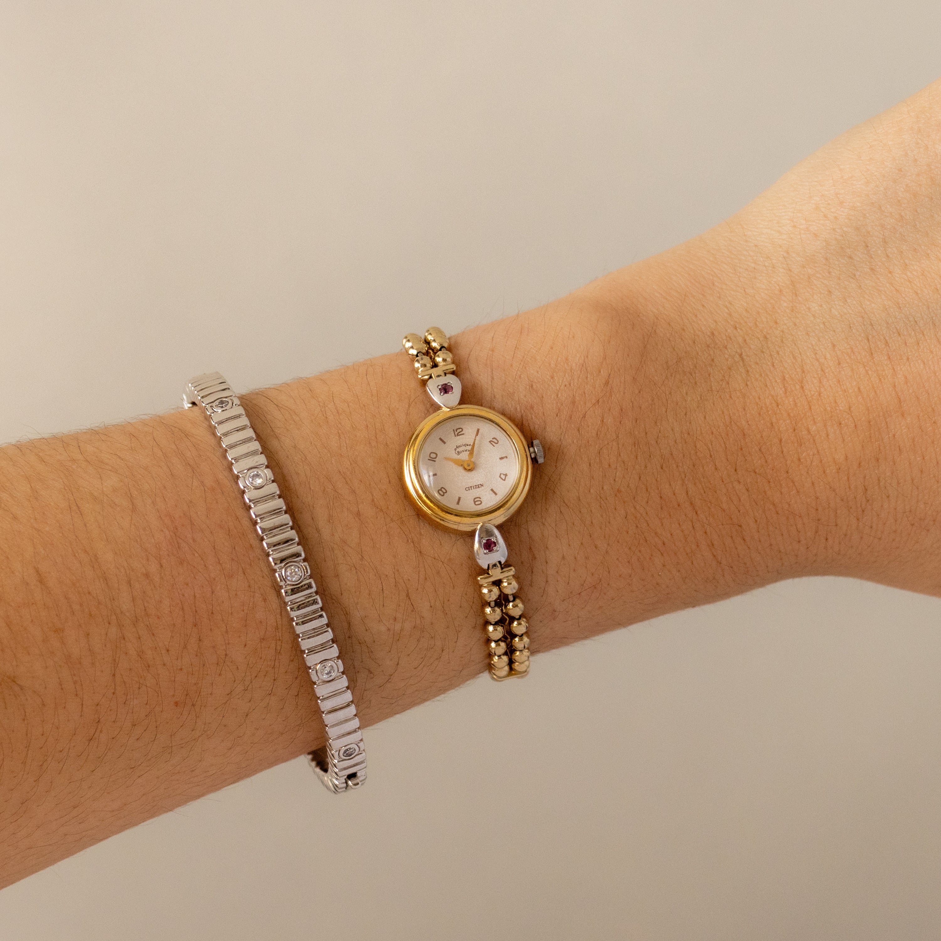 Vintage Citizen Round Ruby Beaded Two Tone Watch