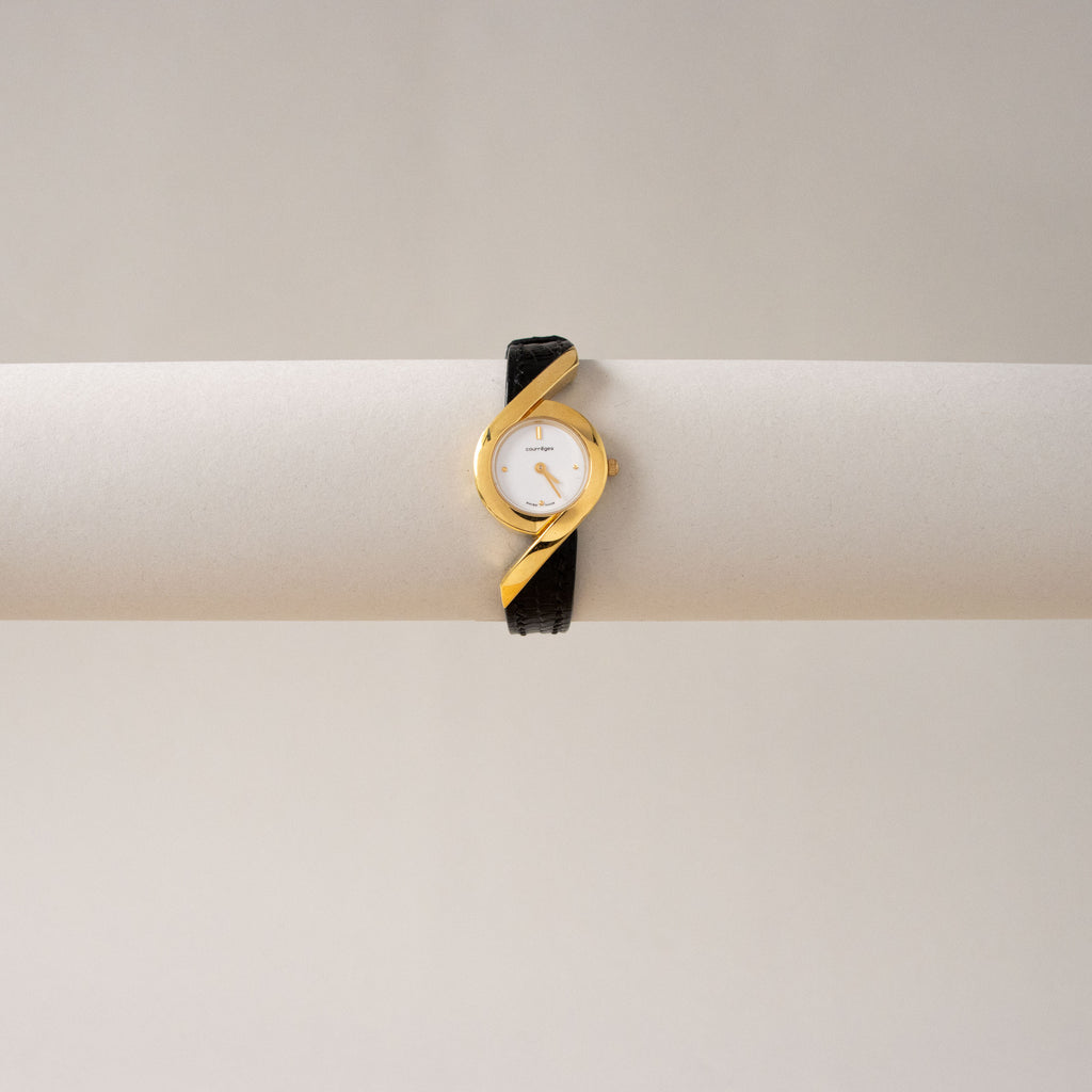 Vintage Courreges Round Black Strap Gold Watch