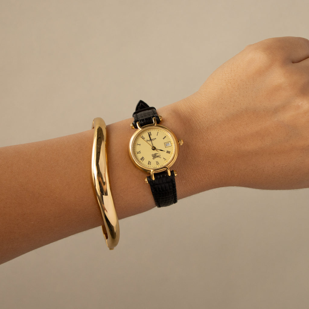 Vintage Burberrys Swiss Black Leather Gold Watch