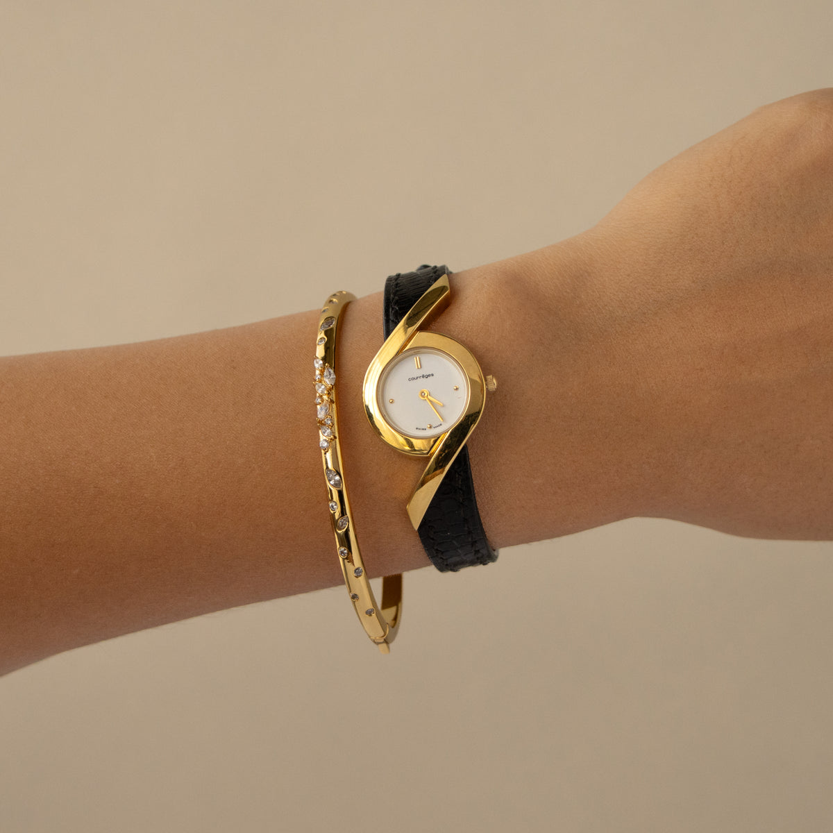 Vintage Courreges Round Black Strap Gold Watch