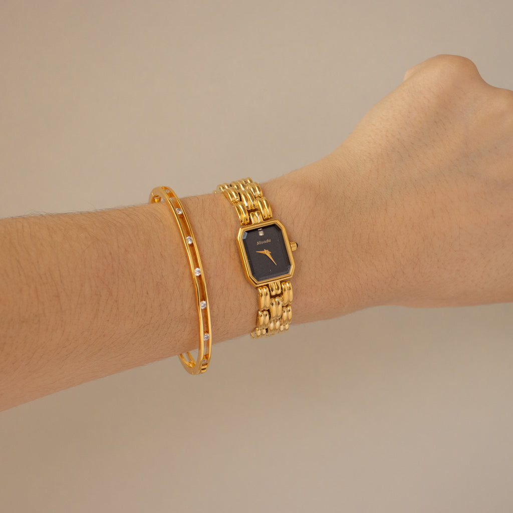 Vintage Nivada Lid Midnight Rectangular Gold Watch