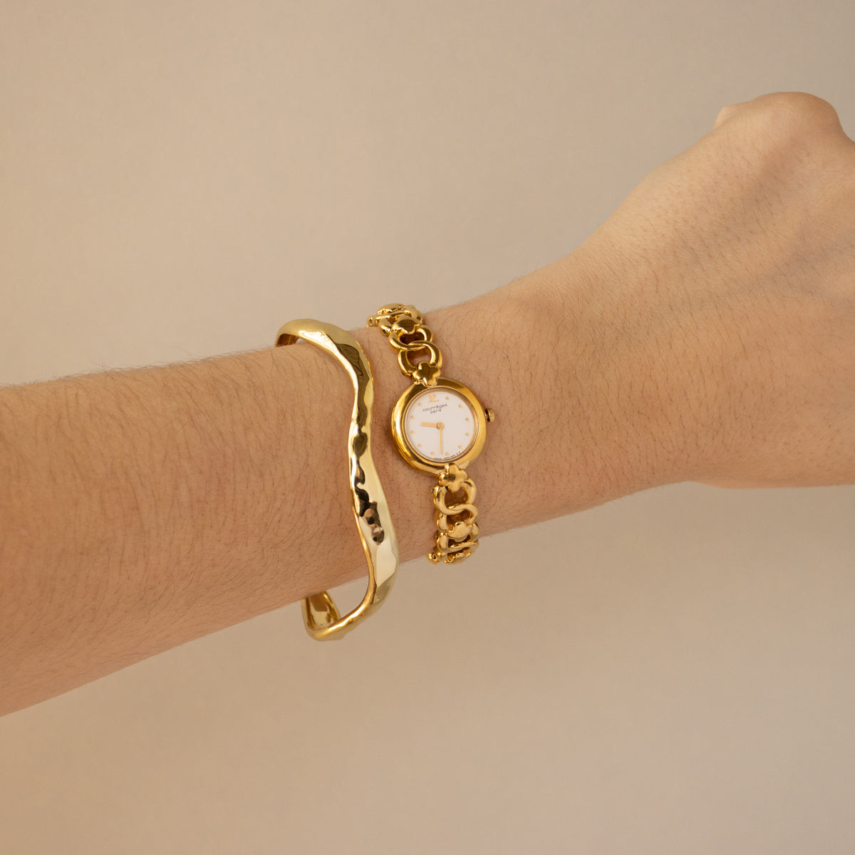 Vintage Courreges Round Clover Link Gold Watch