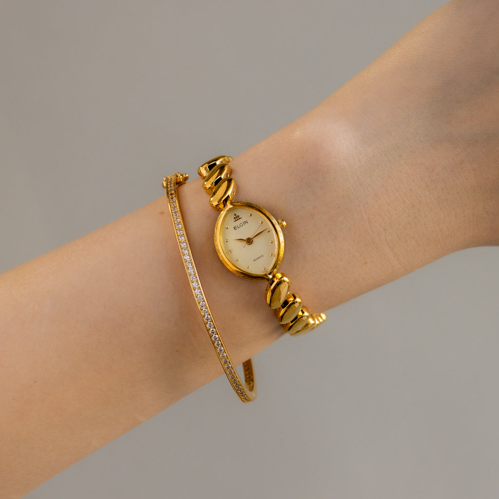 Vintage Elgin Oval Beaded Gold Watch