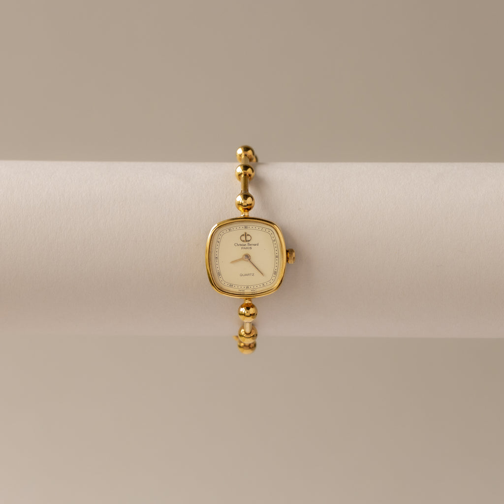 Vintage Christian Bernard Swiss Beaded Square Gold Watch