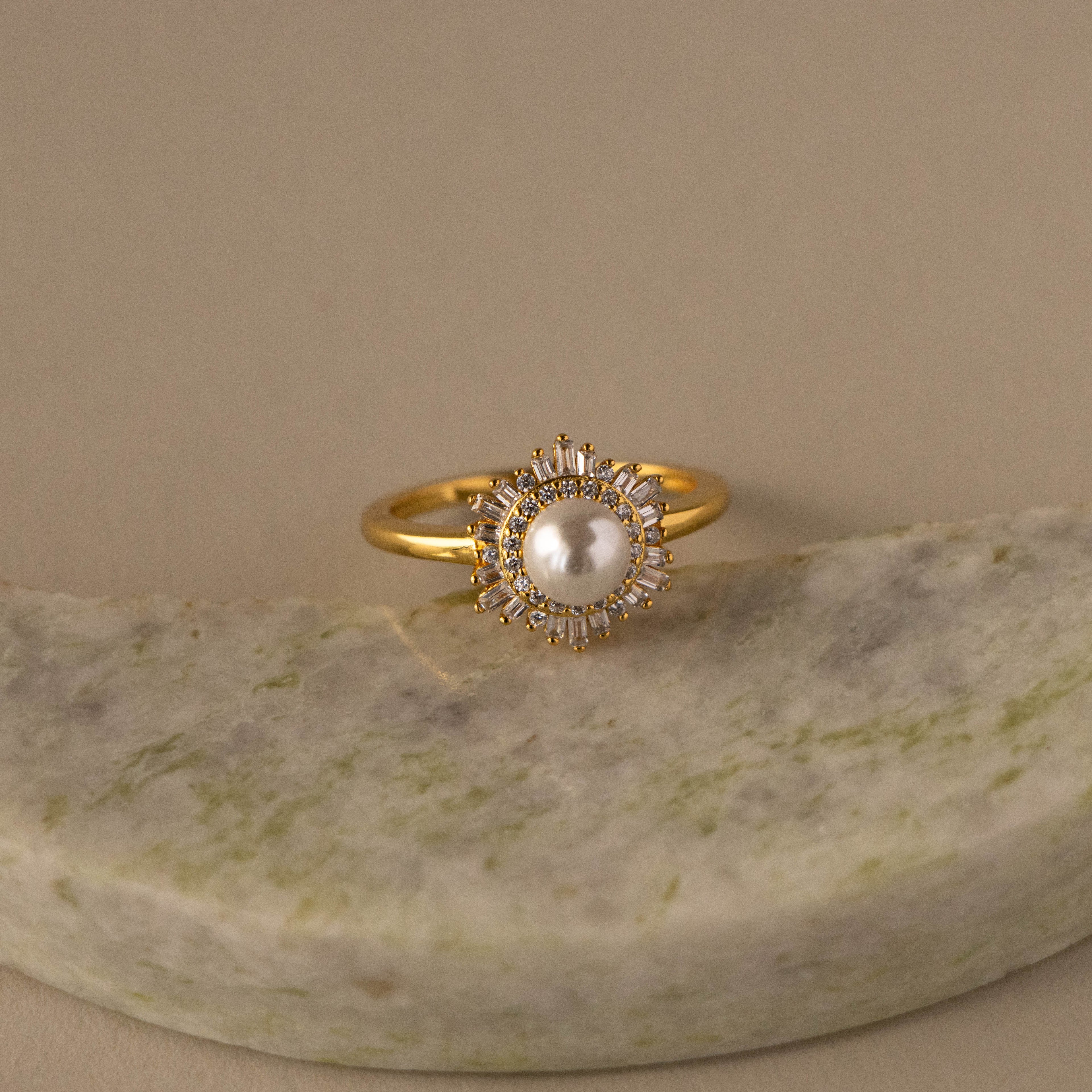 Art Deco Diamond Halo Pearl Ring
