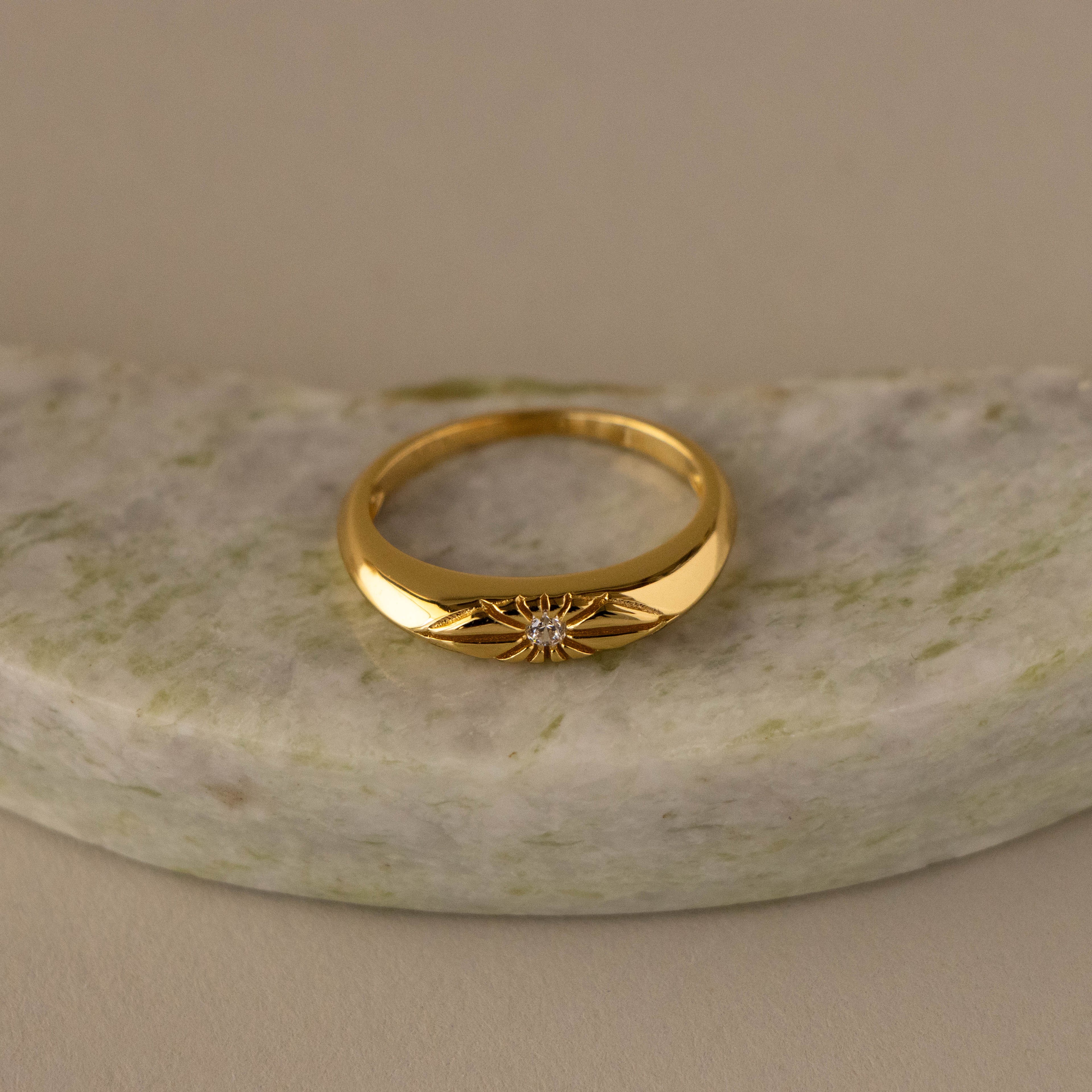 Diamond Starburst Signet Dome Ring