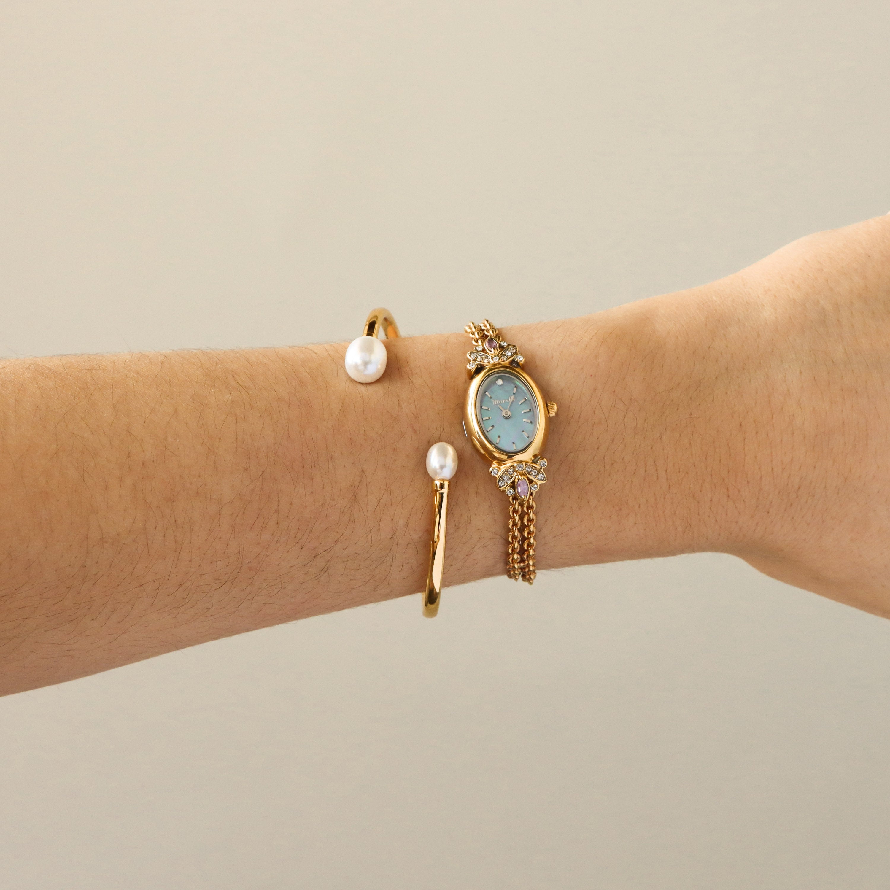 Vintage Marelli Coastal Pearl Gemstone Gold Watch