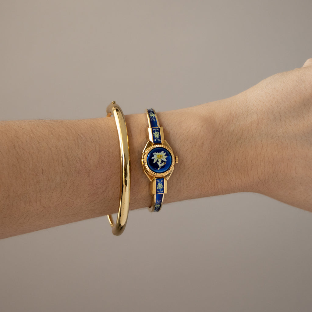 Vintage Andre Mouche Swiss Blue Floral Locket Gold Watch