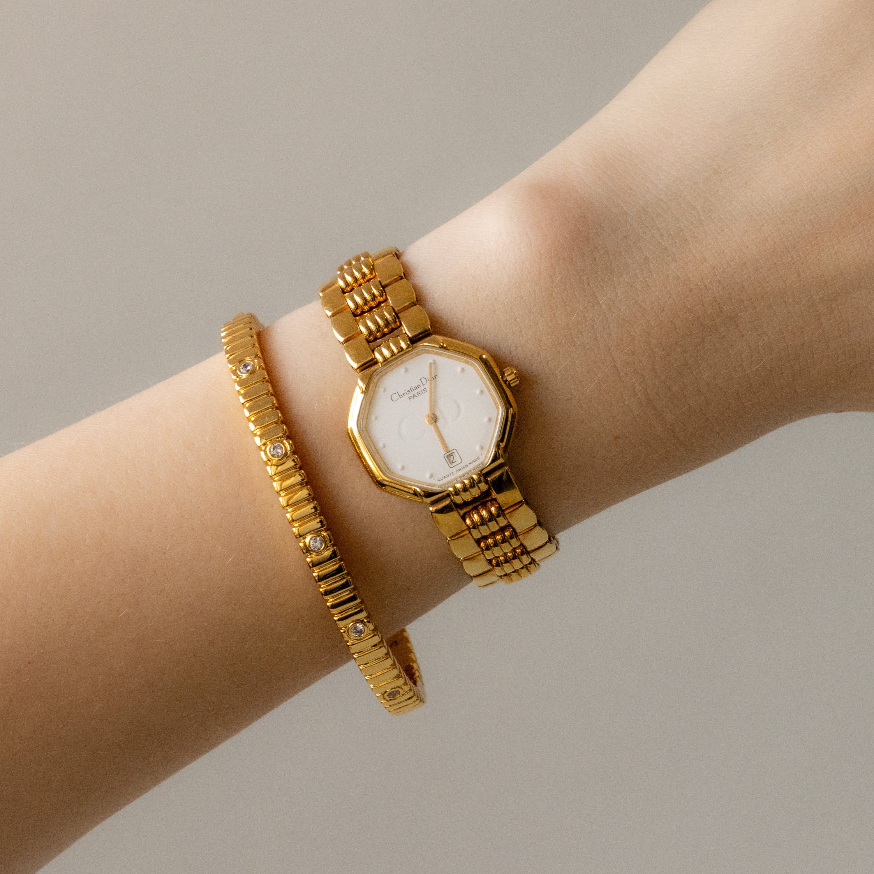 Montre octogonale suisse vintage Christian Dior en or