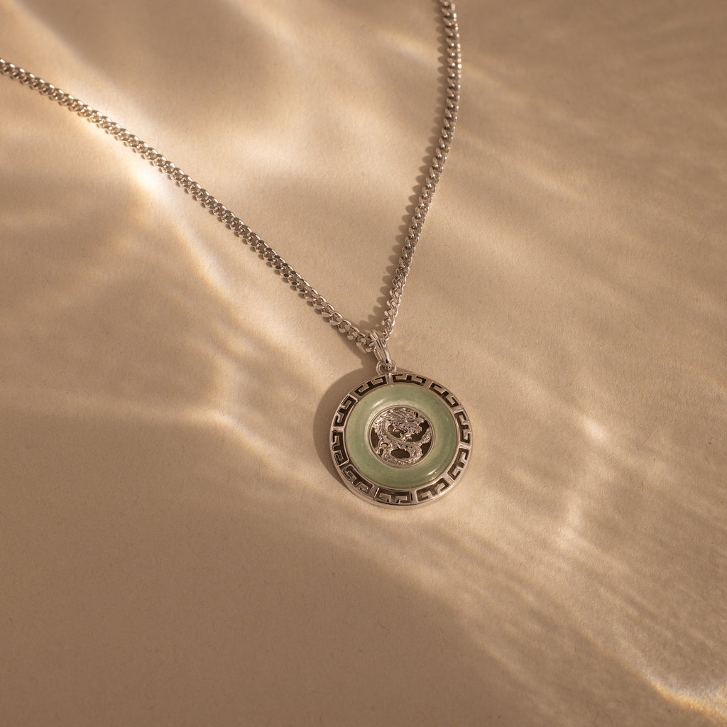Jade Dragon Fortune Necklace in Silver