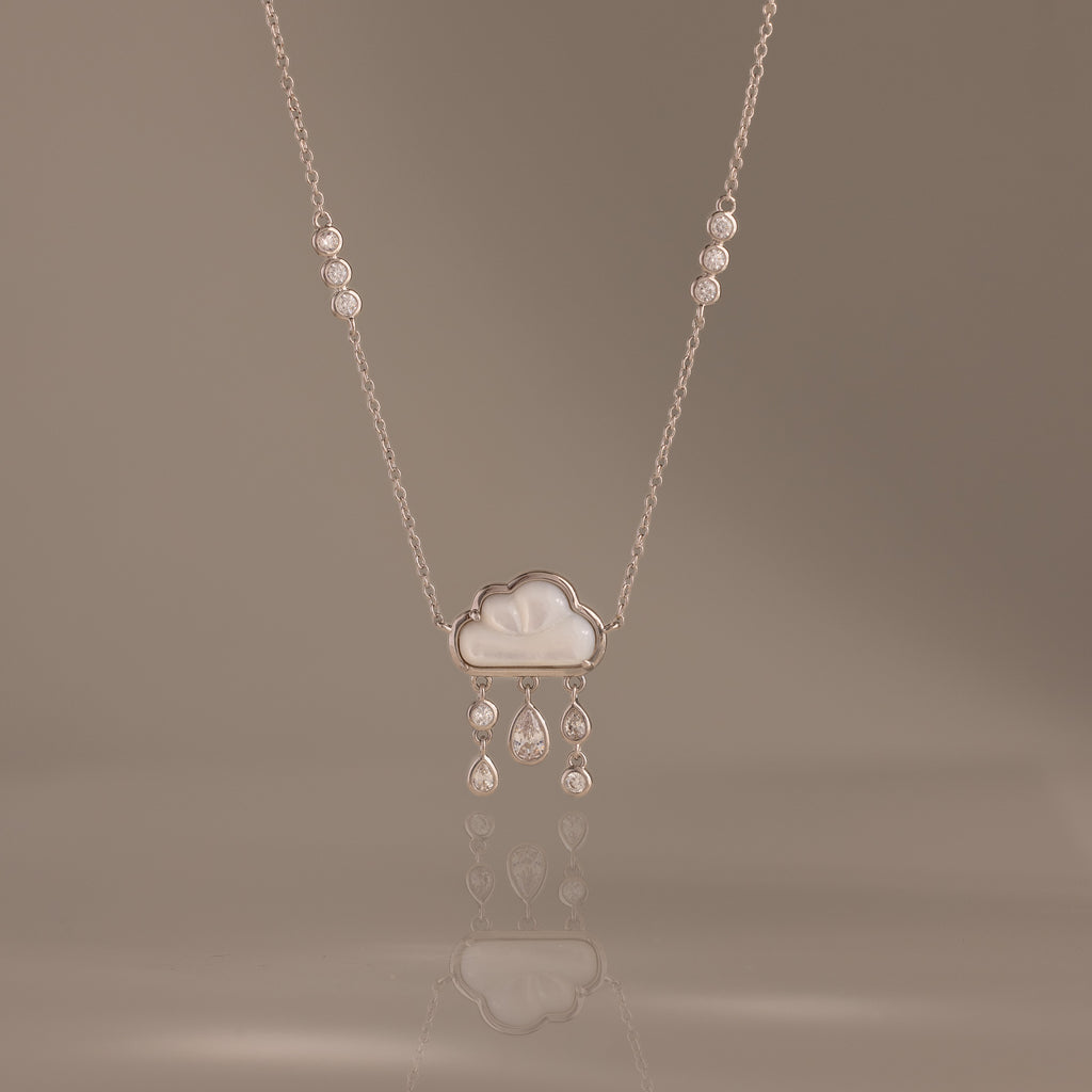 Diamond Pearl Rain Cloud Necklace in Silver