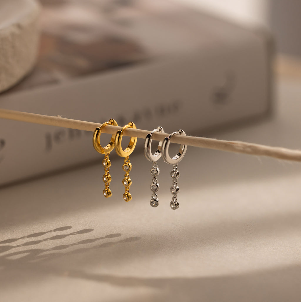Dangling Diamond Chain Huggies in Silver