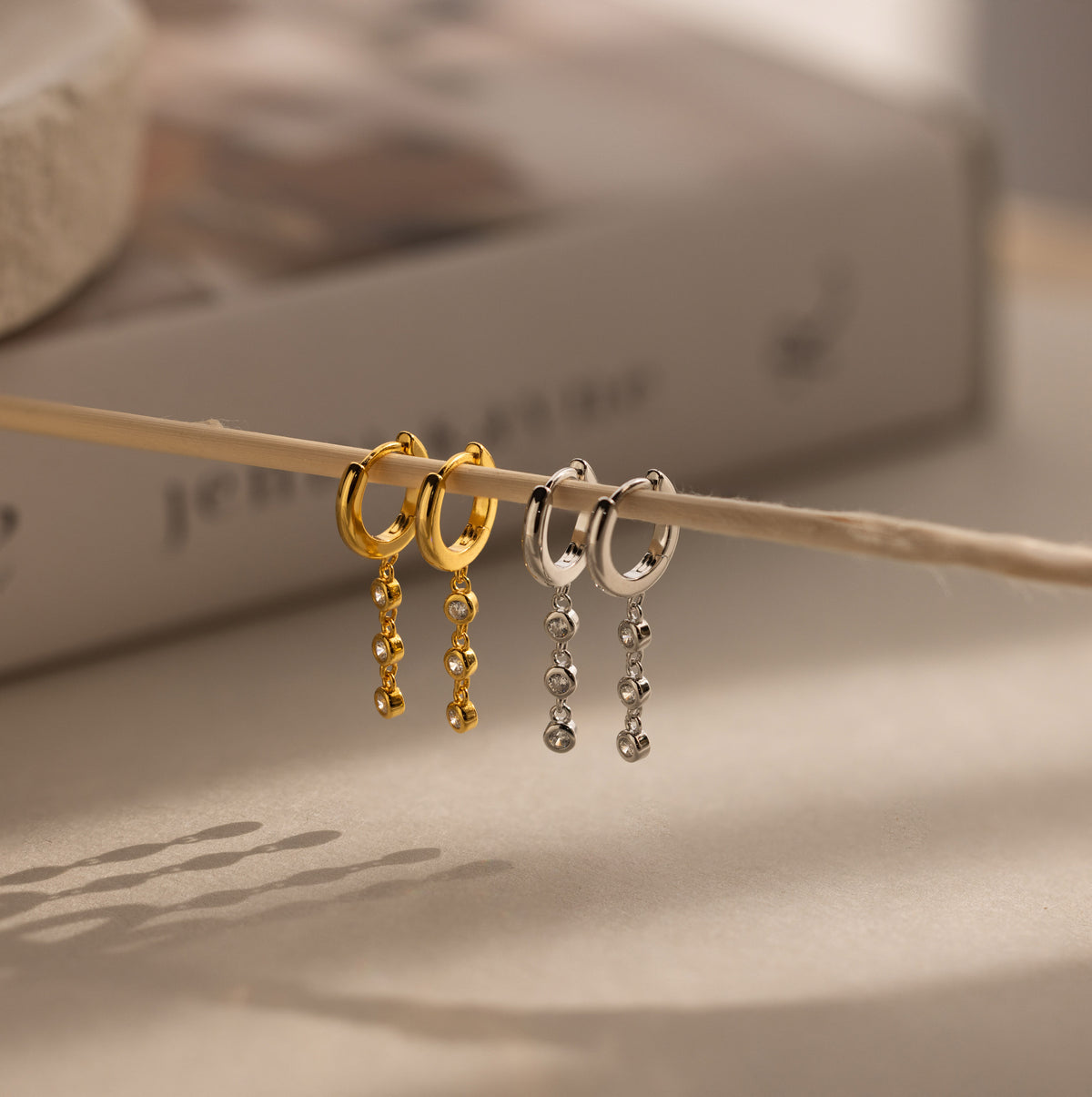 Dangling Diamond Chain Huggies in Silver