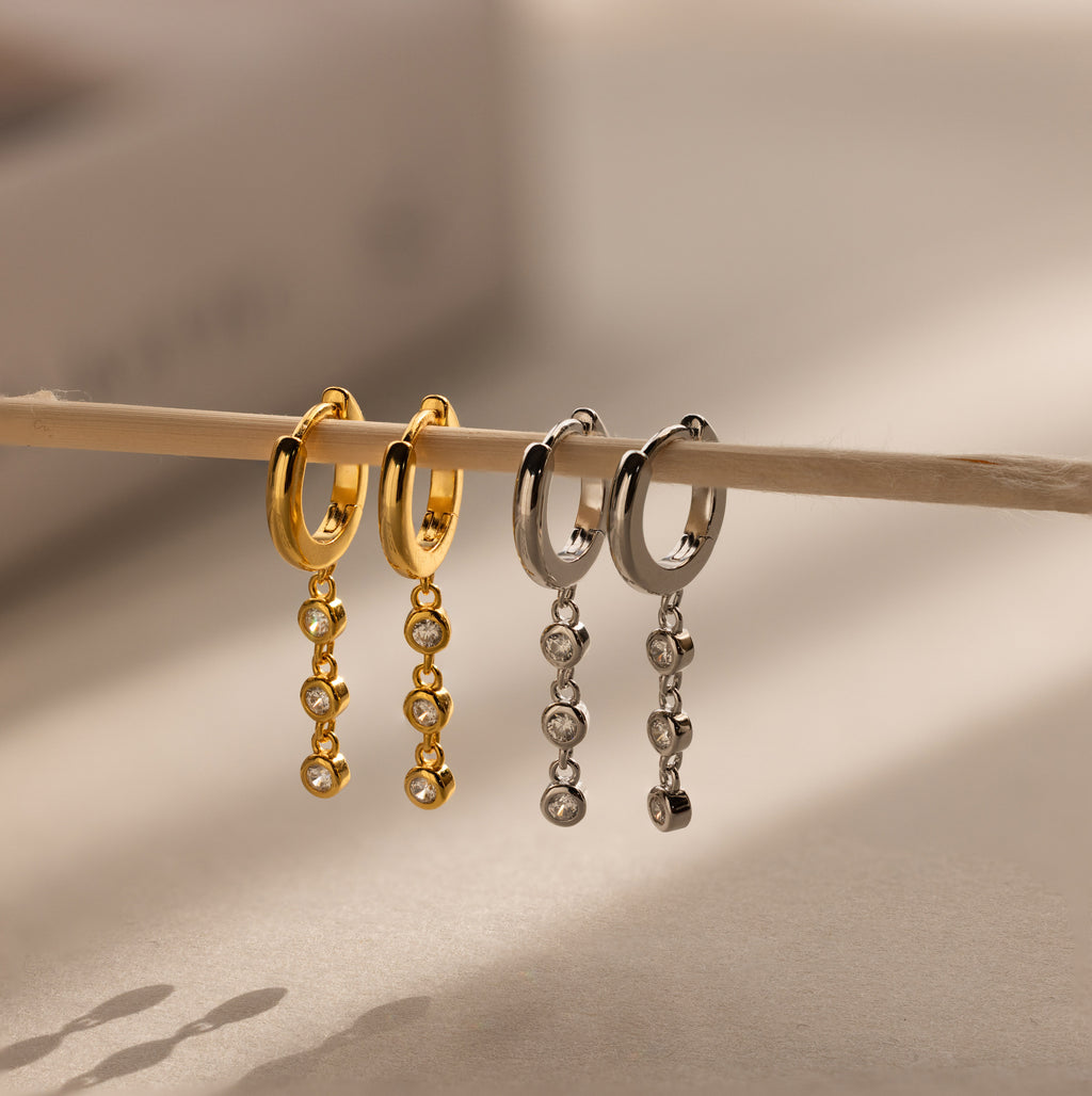 Dangling Diamond Chain Huggies in 18K Gold