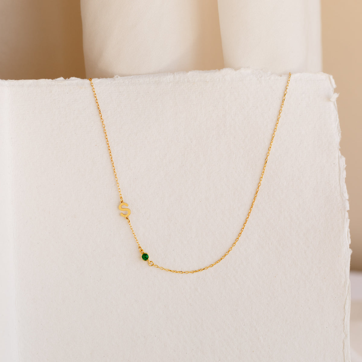 Sideways Initial Birthstone Necklace in 18K Gold