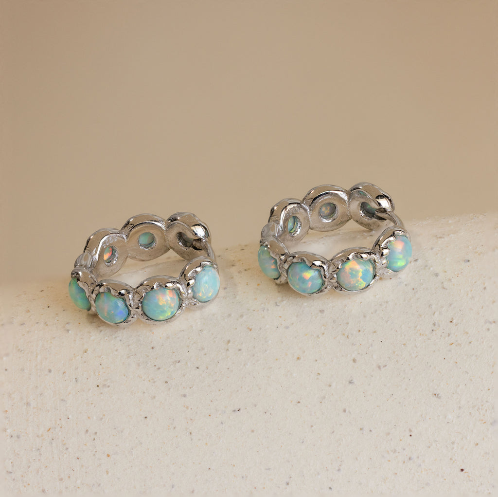 Opal Bezel Huggies in Silver