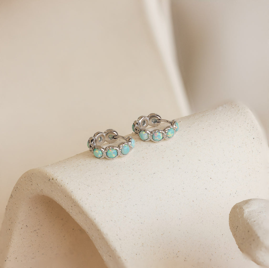 Opal Bezel Huggies in Silver