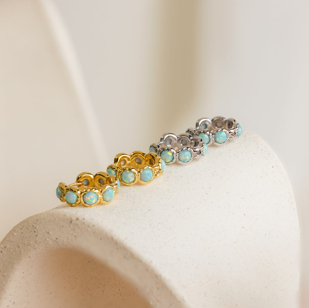 Opal Bezel Huggies in Silver