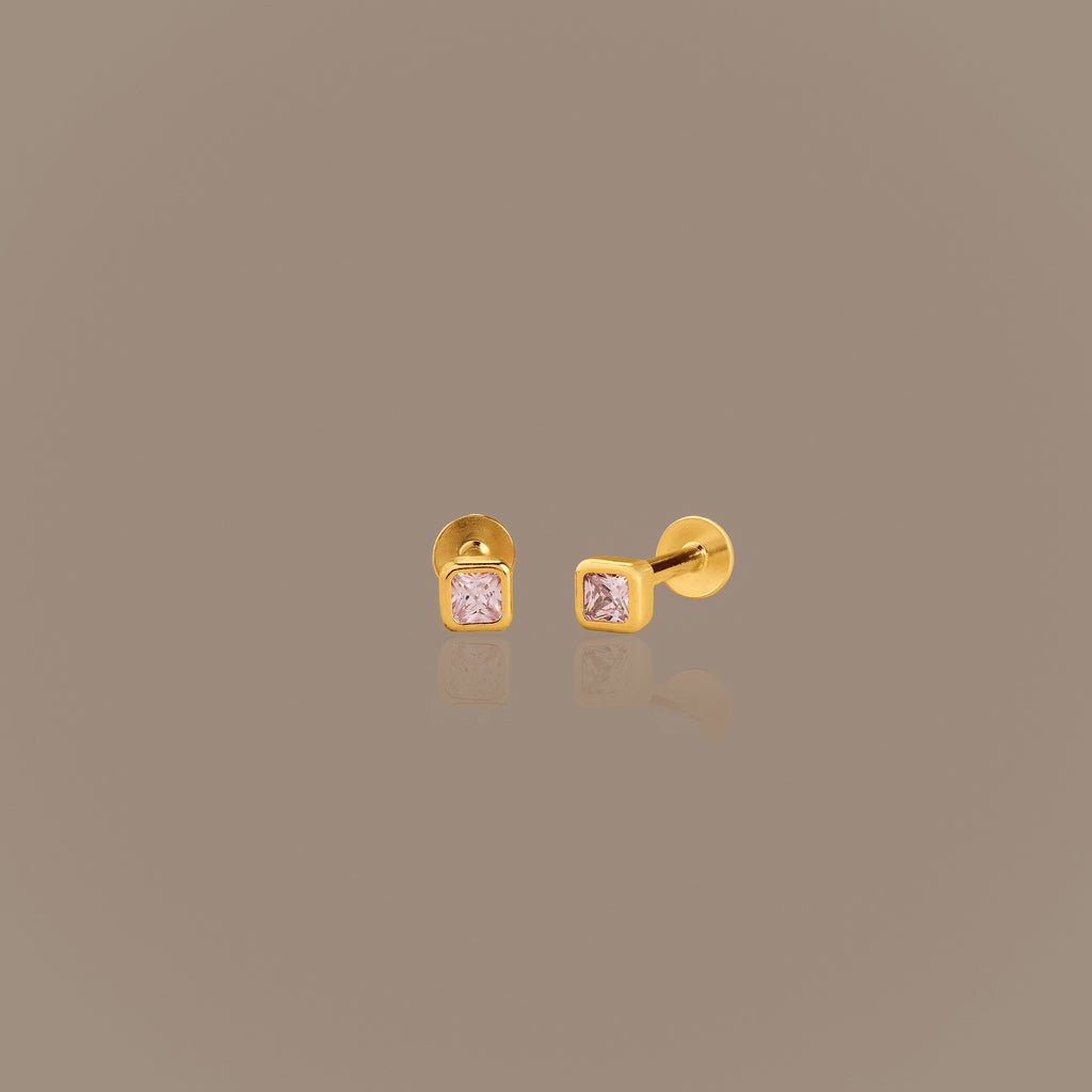 Square Bezel Pink Tourmaline Flat Back Studs