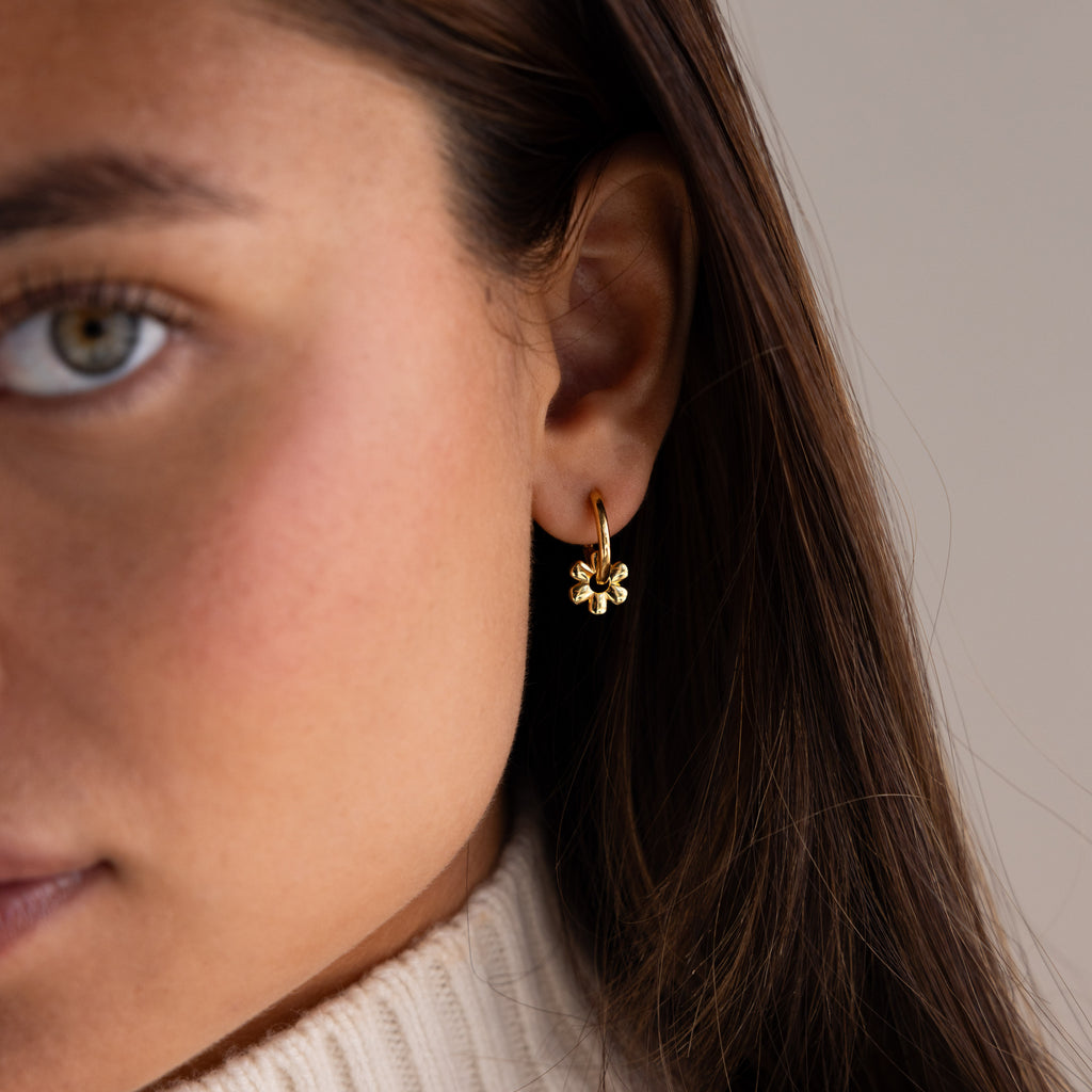 Dangling Blossom Huggies in 18K Gold