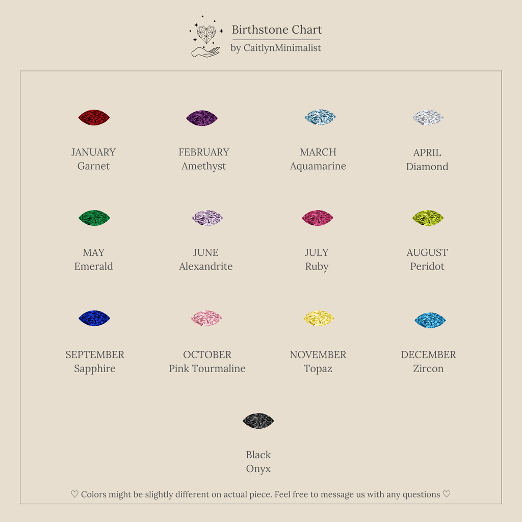 A chart of birthstones by month, each gem in its signature color and labeled—ideal inspiration for personalizing your Staggered Marquise Diamond Ring or eternity band.