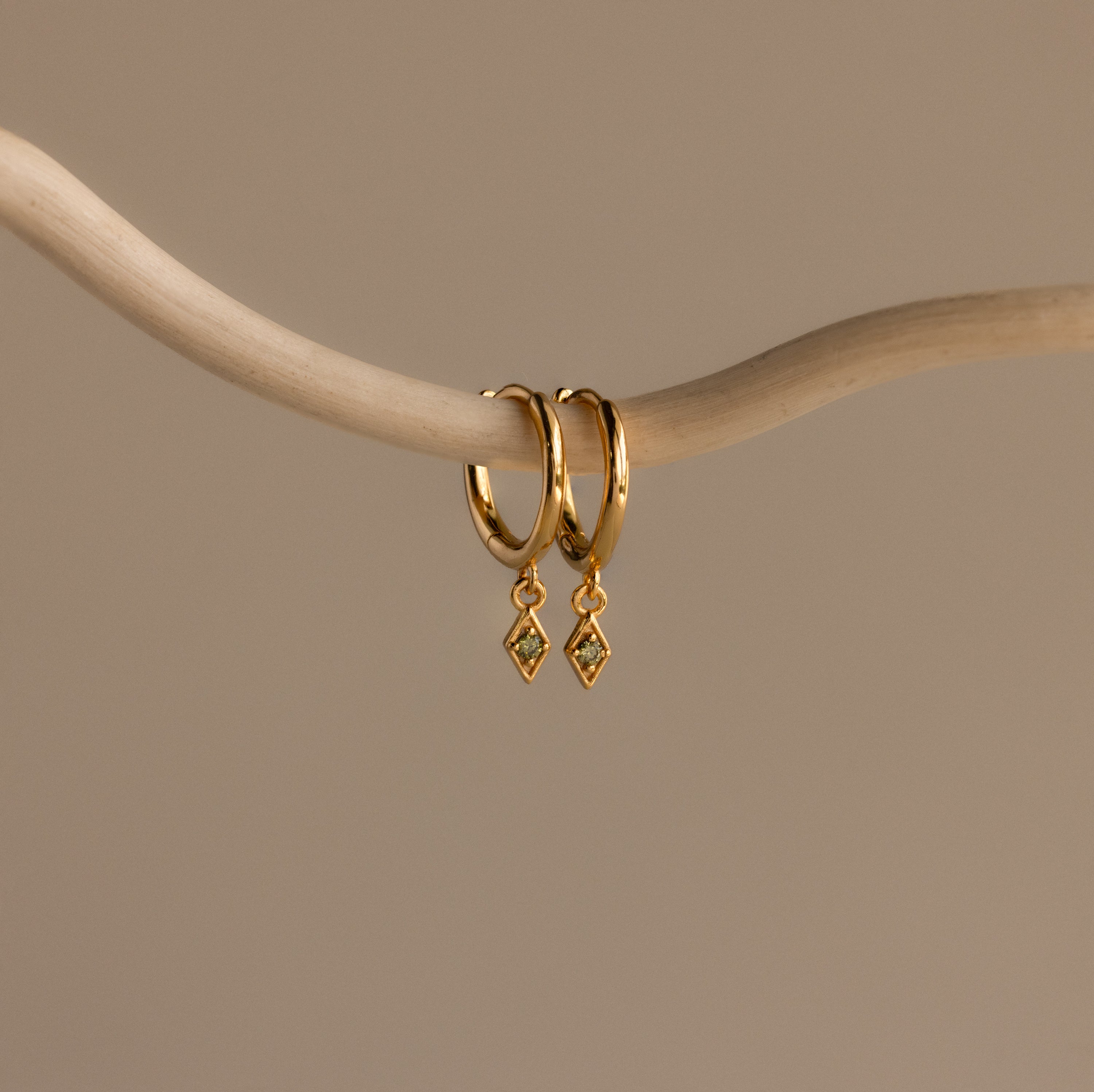 Two Ericka Birthstone Huggies in Peridot (August) hang from a curved, light-colored branch—elegant hoops with sparkling charms that add a vibrant touch to any style.