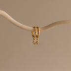 Ericka Birthstone Huggies in Aquamarine (March) hang on a curved beige branch against a neutral background, highlighting elegant aquamarine earrings perfect for any occasion.