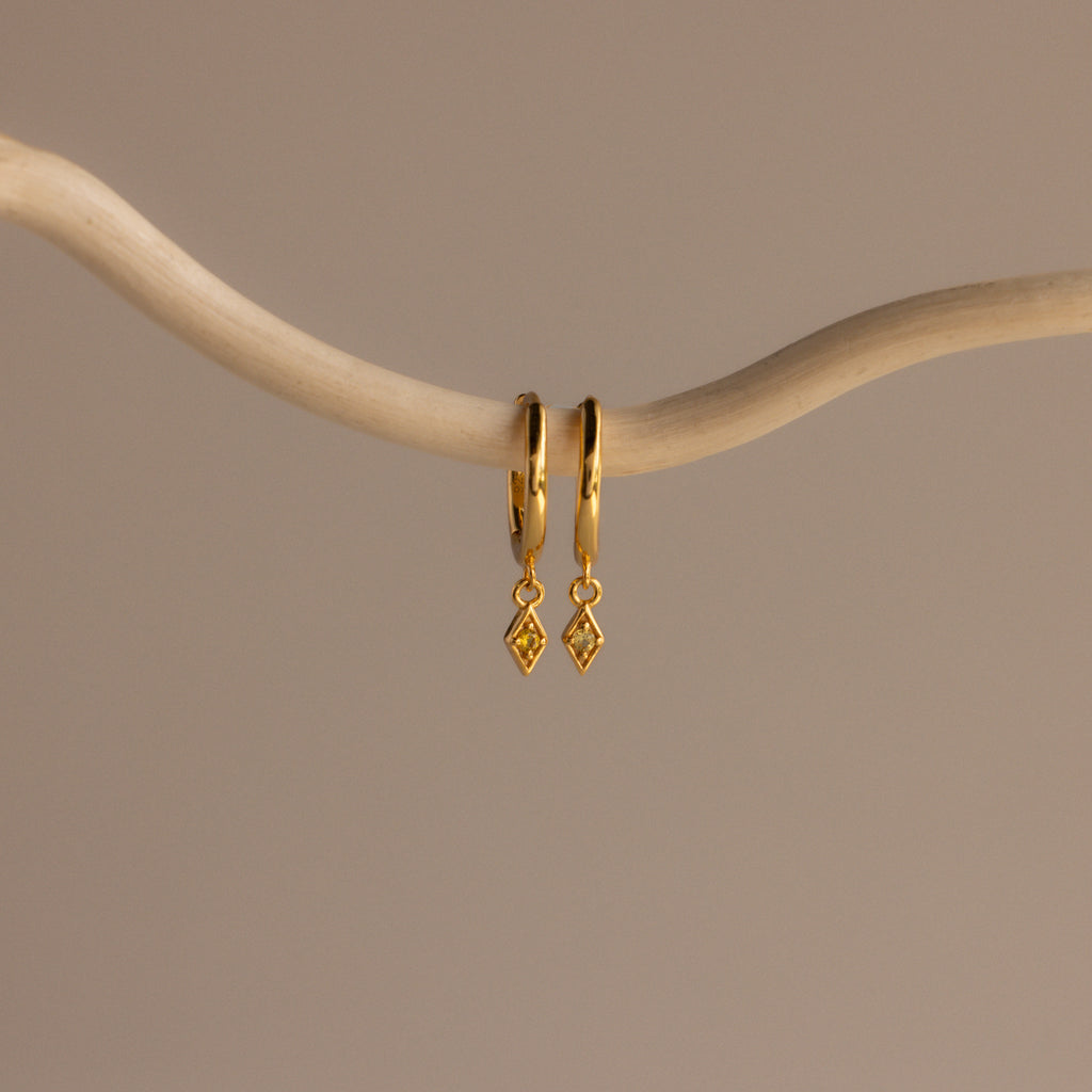 Two Ericka Topaz Huggies earrings, each adorned with a small diamond-shaped charm, hang gracefully from a curved, light-colored branch.