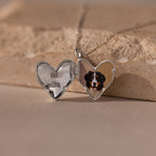 The Organic Heart Locket Necklace in Sterling Silver opens to display a dog’s photo and the engraved words "mi vida" inside—ideal keepsake jewelry for cherishing special memories.